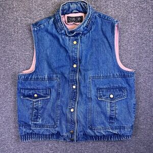 VTG Casual Club Denim Vest Women L Pink Fleece Lined Hooded Snap Utility Pockets